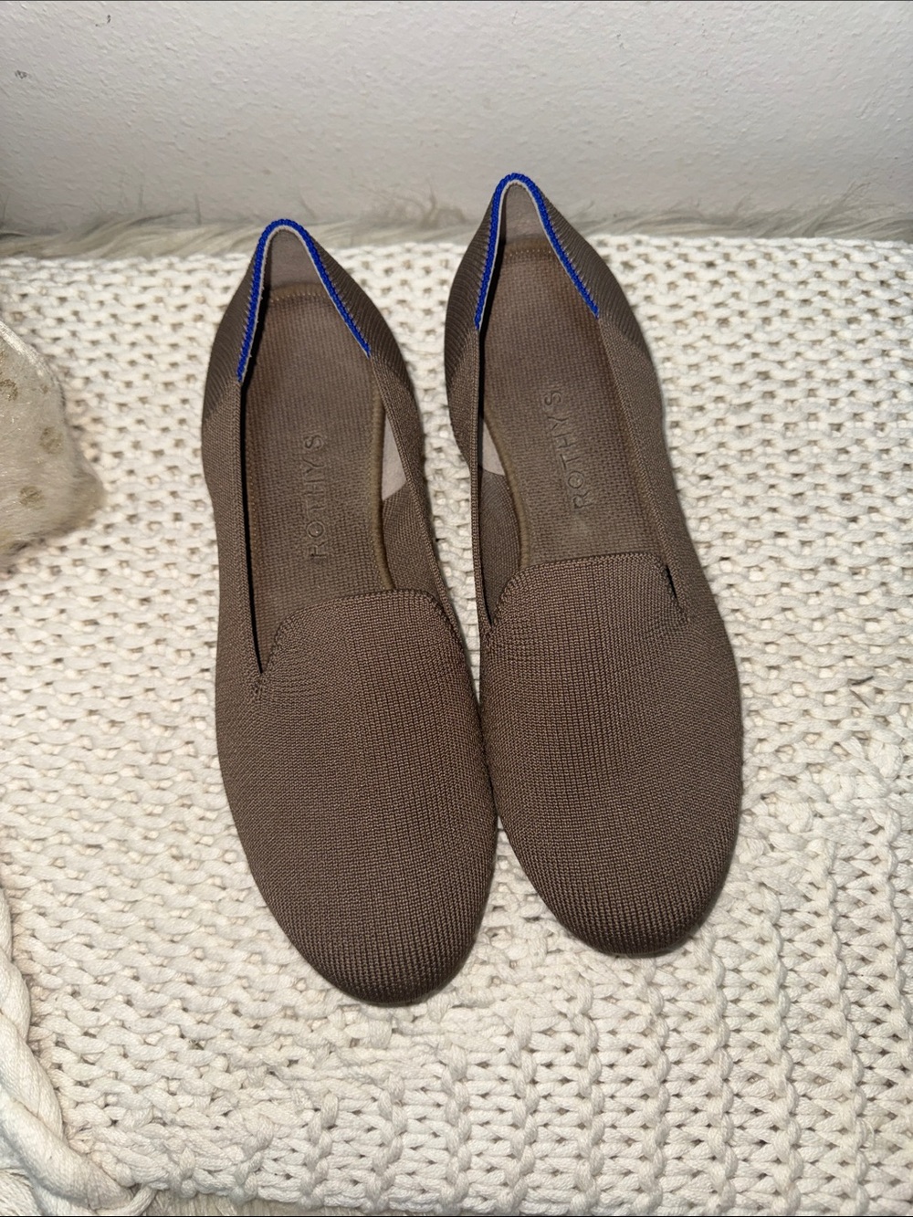 Rothy's Brown Knit Slip-Ons with Blue Accent